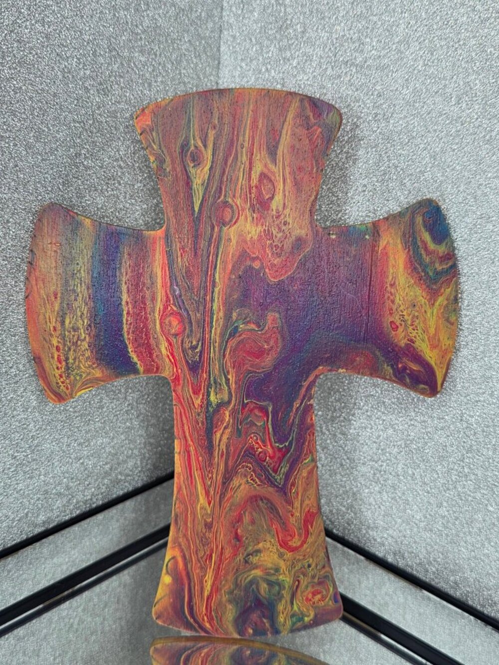Hand-Poured Fluid Art Wooden Cross - Rainbow & Violet - Medium Decor
